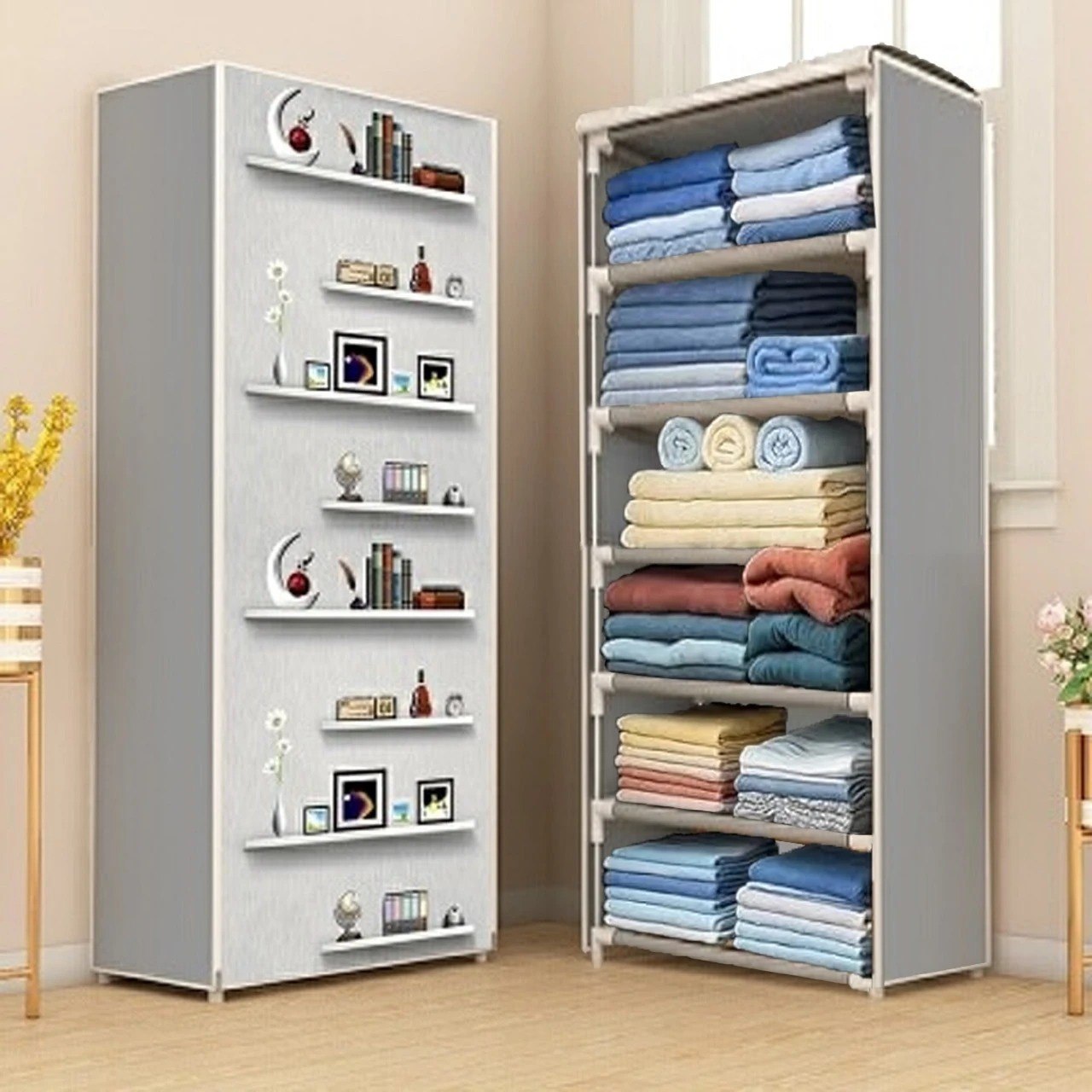 CMerchants Books Print Grey PP Collapsible Wardrobe (Grey, DIY) – Portable Foldable Storage Organizer with Multi-Layer Shelves