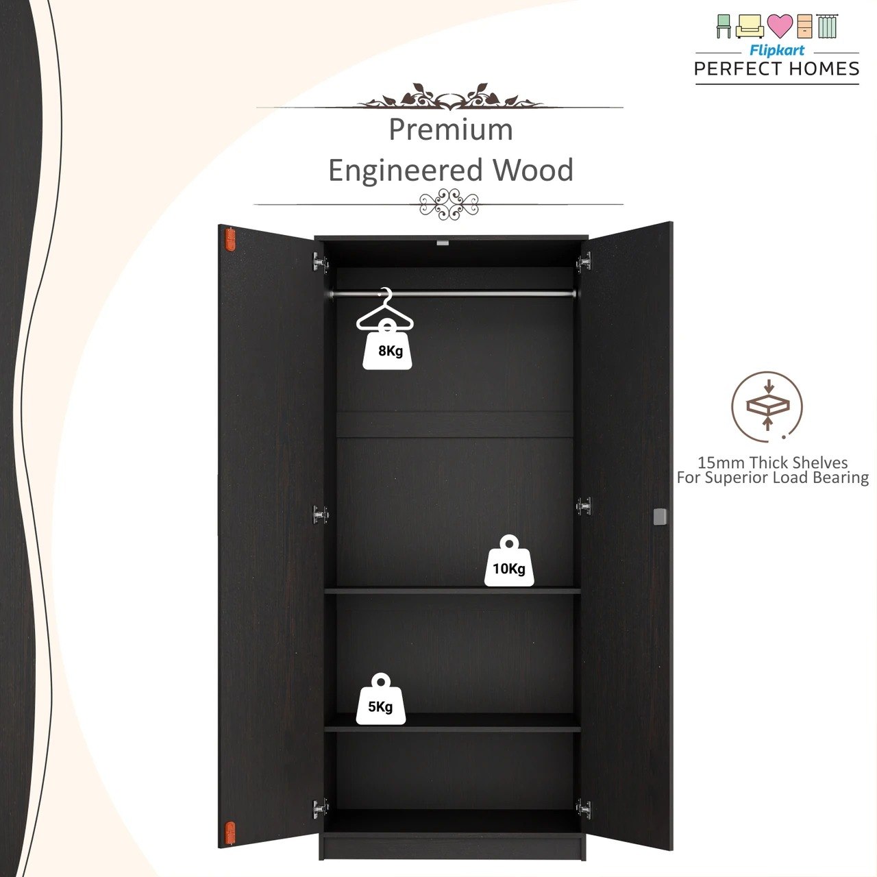 Flipkart Perfect Homes Julian Engineered Wood 2 Door Wardrobe (Melamine SP Wenge SIB) – Modern Space-Saving Wooden Wardrobe with Spacious Storage