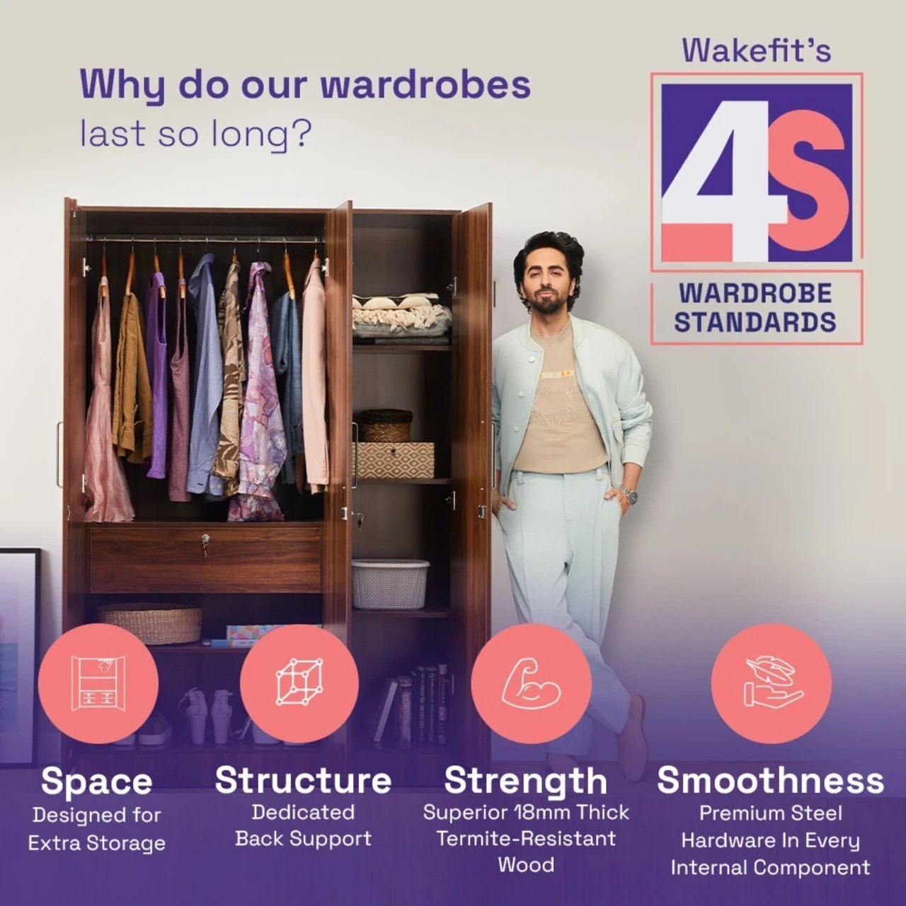 Wakefit Twill Engineered Wood 2 Door Wardrobe (Napa Oak, Knock Down) – Modern Wooden Wardrobe with Spacious Shelves & Premium Finish 3